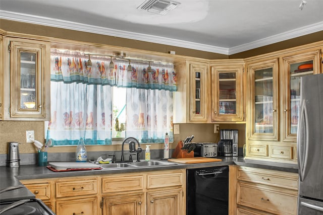 kitchen featuring black dishwasher, ornamental molding, sink, and stainless steel fridge