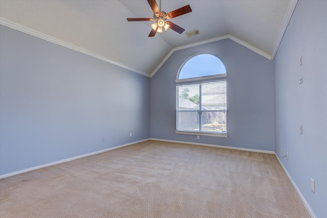 17519 Bighorn River Ln, Humble, TX 77346 - carpeted spare room with ceiling fan, visible vents, crown molding, baseboards, and lofted ceiling