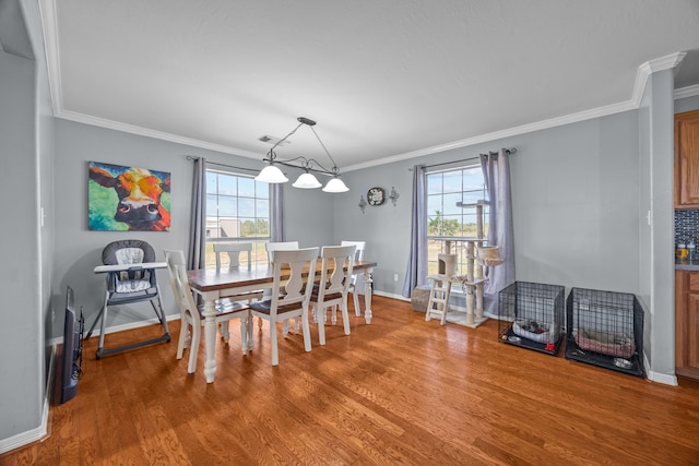 dining room with ornamental molding, hardwood / wood-style flooring, and plenty of natural light