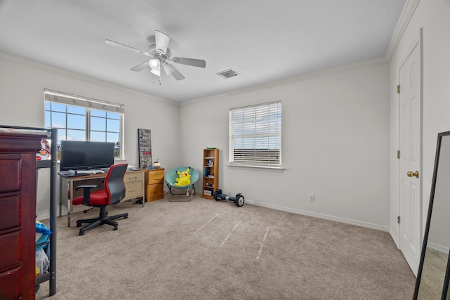 carpeted office space featuring ornamental molding and ceiling fan