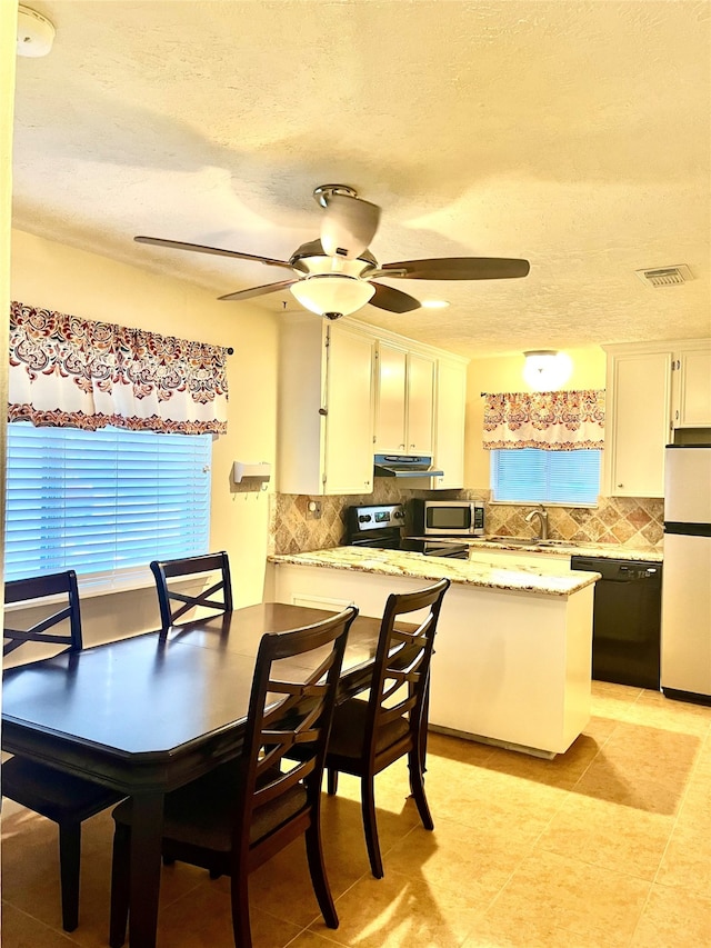 dining space featuring sink, a textured ceiling, and ceiling fan