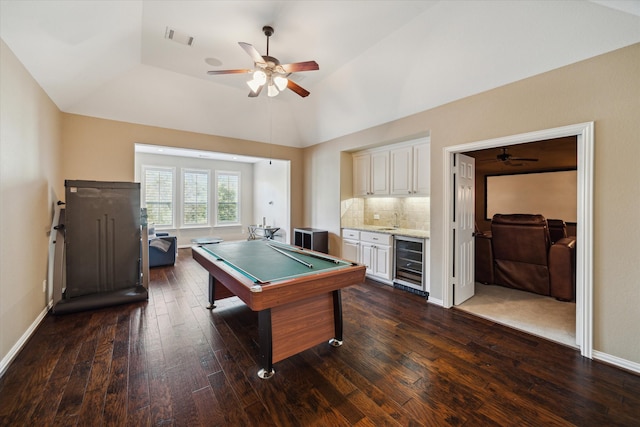 playroom with pool table, dark hardwood / wood-style floors, lofted ceiling, and wine cooler