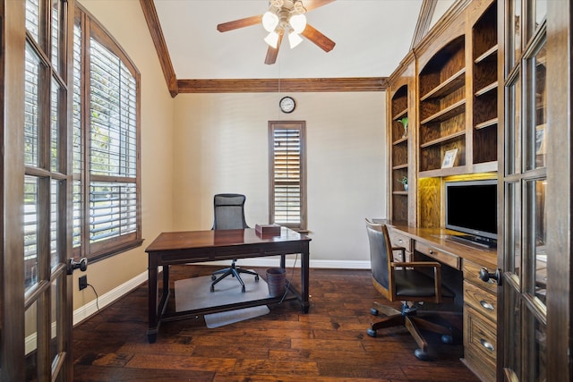 office space with french doors, dark hardwood / wood-style floors, ceiling fan, and crown molding