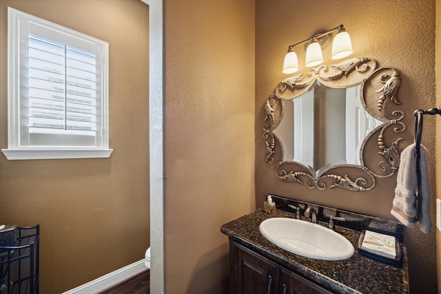 bathroom featuring vanity, hardwood / wood-style flooring, and toilet