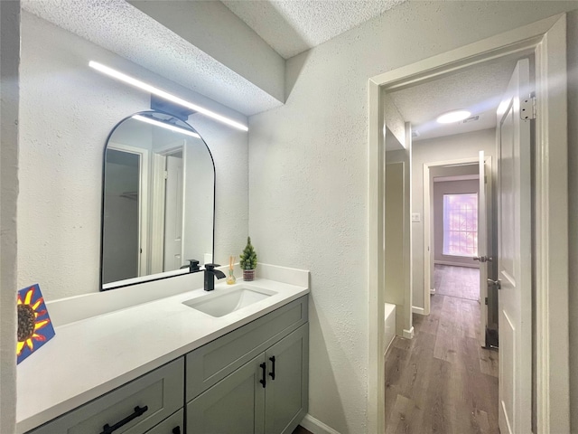 bathroom featuring vanity, wood-type flooring, and a textured ceiling