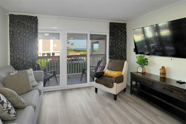 6102 Seawall Blvd Unit 161, Galveston, TX 77551 - living room featuring ornamental molding, wood finished floors, and a textured ceiling