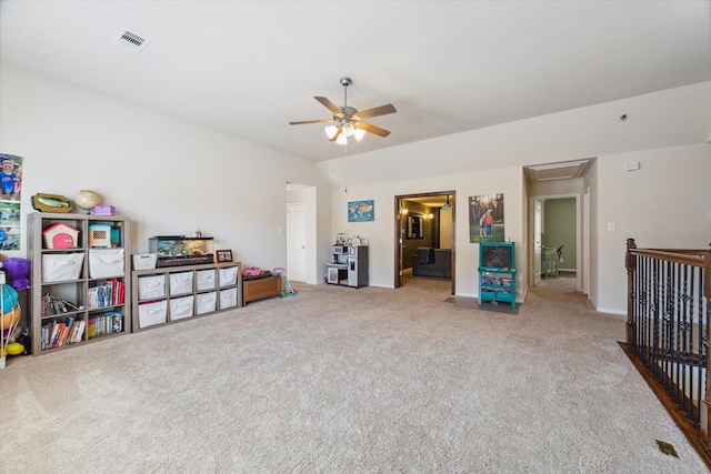 game room featuring carpet and ceiling fan