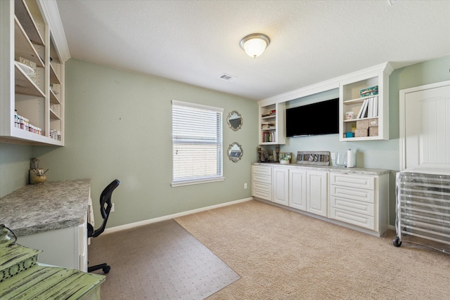 carpeted office space with a textured ceiling