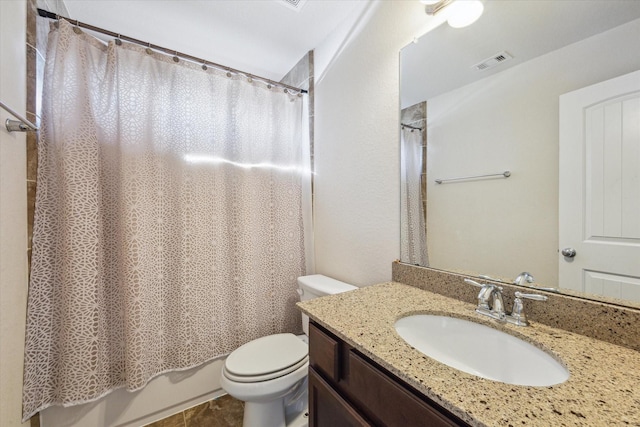 full bathroom with tile patterned flooring, vanity, toilet, and shower / bathtub combination with curtain