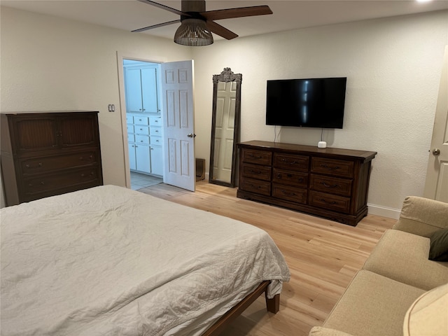 bedroom featuring light hardwood / wood-style floors and ceiling fan