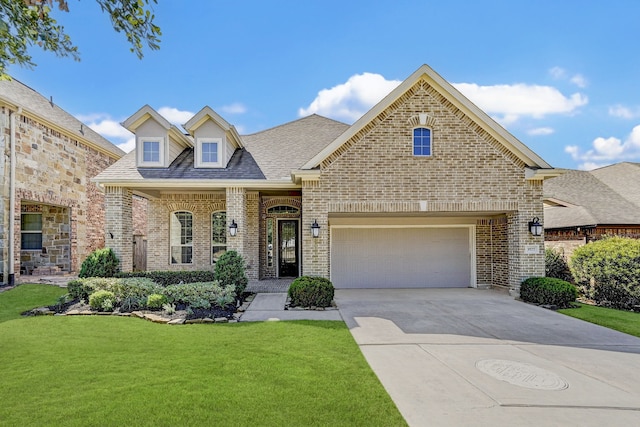 view of front of home featuring a front yard and a garage