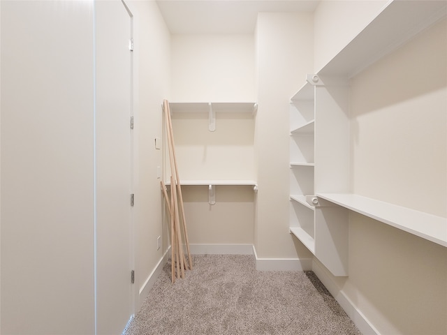 walk in closet featuring light carpet