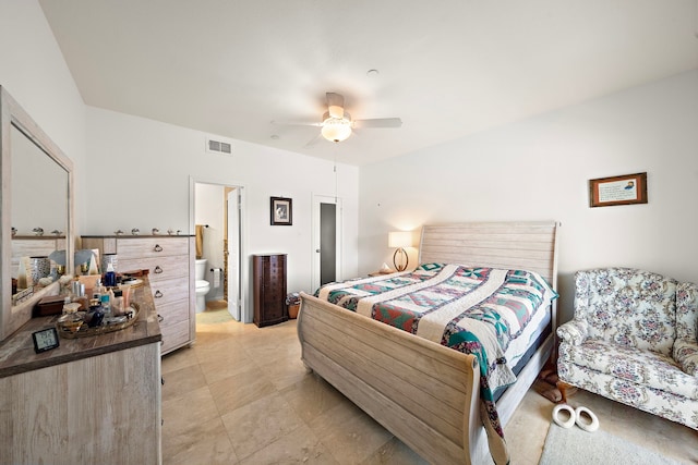 bedroom featuring connected bathroom and ceiling fan