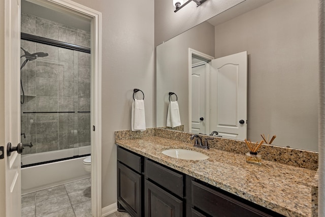 full bathroom with vanity, enclosed tub / shower combo, toilet, and tile patterned floors