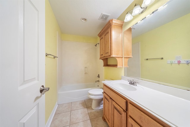 full bathroom with vanity, bathing tub / shower combination, toilet, and tile patterned flooring