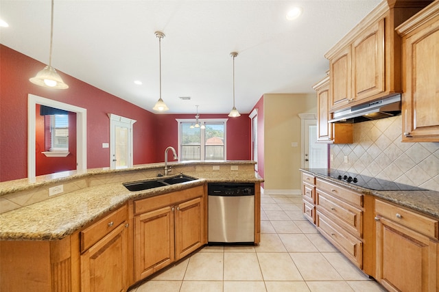 kitchen featuring pendant lighting, black electric stovetop, sink, and stainless steel dishwasher