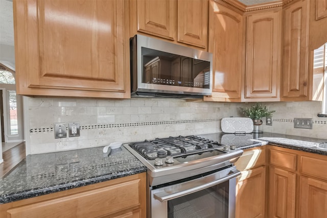 kitchen featuring backsplash, appliances with stainless steel finishes, and dark stone counters