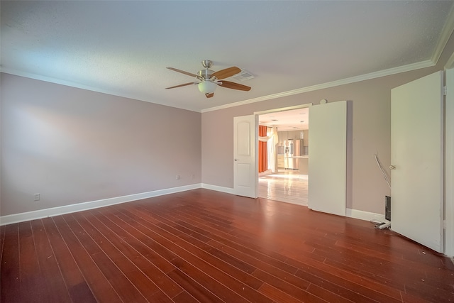 unfurnished room featuring ceiling fan, crown molding, and dark hardwood / wood-style floors