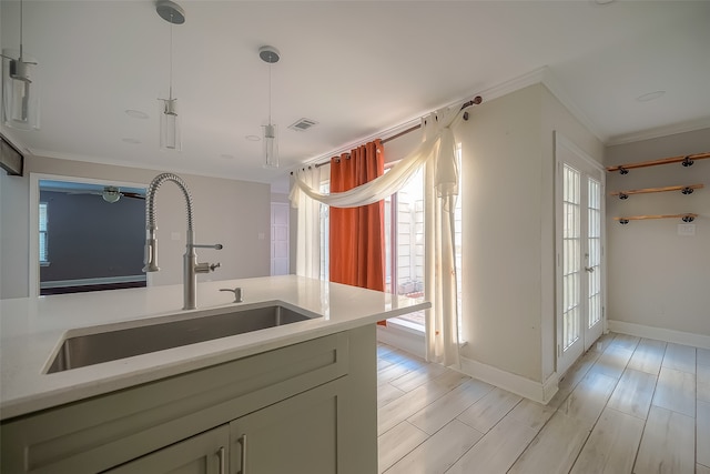 kitchen with crown molding, sink, and light wood-type flooring