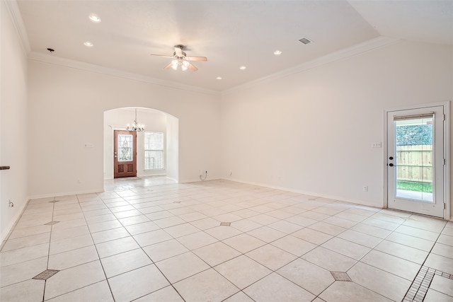 tiled empty room with crown molding, lofted ceiling, and ceiling fan with notable chandelier