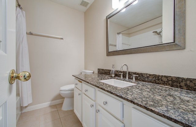 full bathroom with vanity, shower / tub combo, toilet, and tile patterned flooring