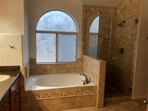 bathroom featuring vanity, a healthy amount of sunlight, and plus walk in shower