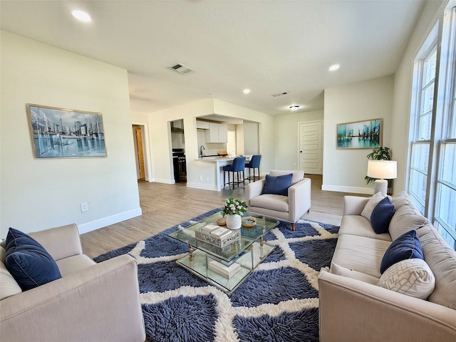 living room with light hardwood / wood-style floors and sink