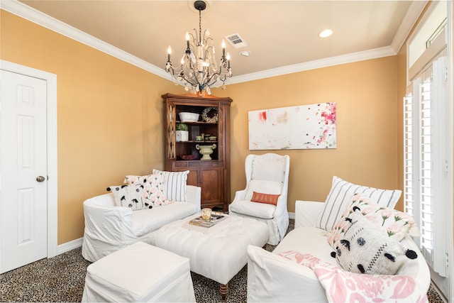 sitting room with crown molding, carpet flooring, and an inviting chandelier