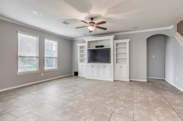 unfurnished living room with ornamental molding, a textured ceiling, light tile patterned floors, and ceiling fan