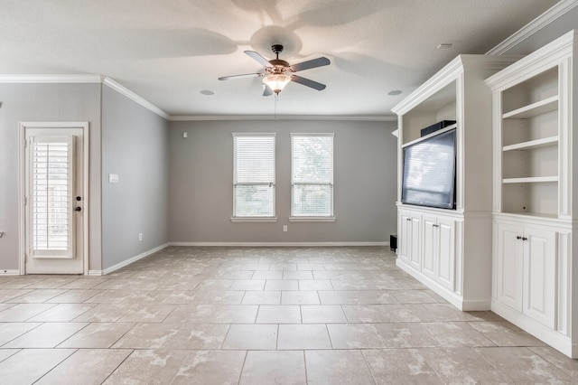 tiled empty room featuring crown molding, built in features, a textured ceiling, and ceiling fan