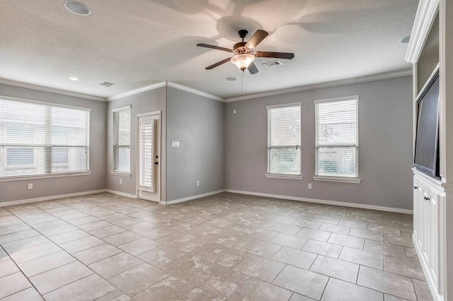 interior space featuring ornamental molding, a textured ceiling, light tile patterned floors, and ceiling fan