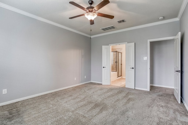 unfurnished bedroom featuring light carpet, crown molding, and ceiling fan