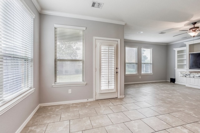 unfurnished living room featuring ceiling fan, ornamental molding, and light tile patterned flooring