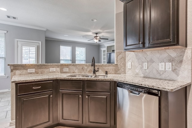 kitchen with sink, kitchen peninsula, dark brown cabinetry, stainless steel dishwasher, and crown molding