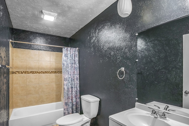 full bathroom featuring toilet, a textured ceiling, shower / bath combination with curtain, and vanity