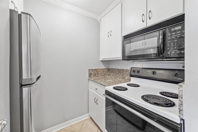 kitchen featuring light stone countertops, light tile patterned flooring, white electric stove, white cabinets, and ornamental molding