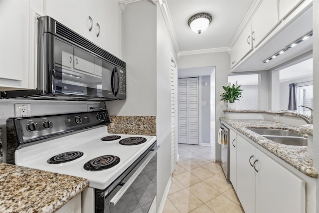 kitchen featuring light stone countertops, sink, white cabinetry, and white electric stove