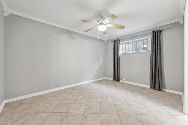 unfurnished room with crown molding, light tile patterned floors, and ceiling fan