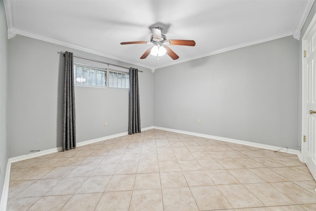 spare room featuring ornamental molding, light tile patterned floors, and ceiling fan