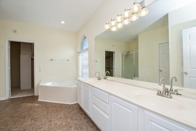 bathroom with vanity, independent shower and bath, and tile patterned floors