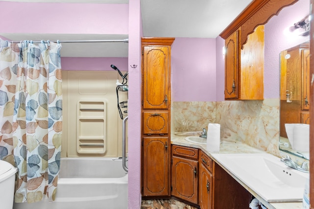 full bathroom with vanity, tasteful backsplash, shower / bath combo with shower curtain, and toilet