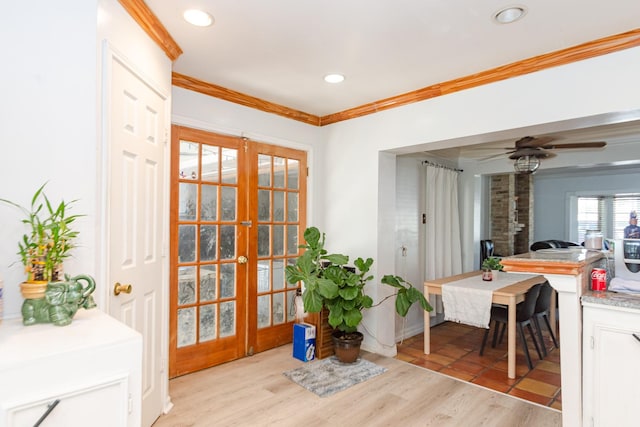 12410 Palmbeach St, Houston, TX 77034 - doorway with light wood-style floors, french doors, recessed lighting, a ceiling fan, and ornamental molding