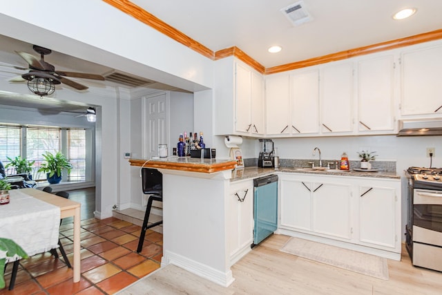 12410 Palmbeach St, Houston, TX 77034 - kitchen with a sink, white cabinetry, a peninsula, gas range, and dishwashing machine
