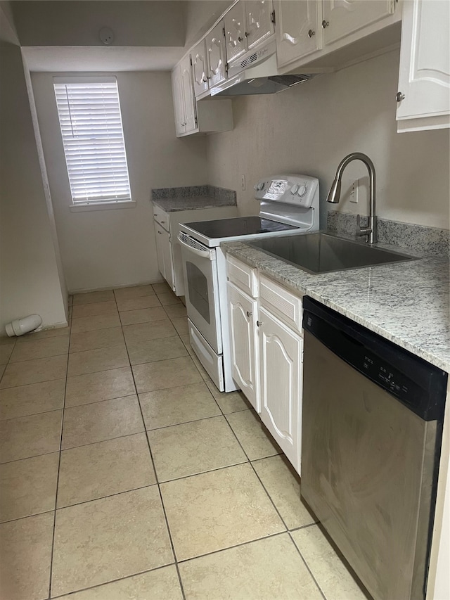 kitchen with light tile patterned floors, white cabinetry, stainless steel dishwasher, electric stove, and sink