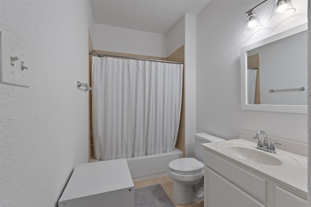 full bathroom featuring vanity, toilet, shower / bath combination with curtain, and tile patterned flooring