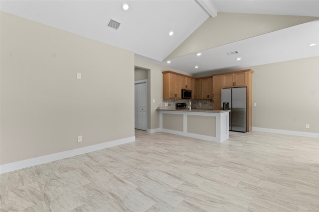 kitchen featuring decorative backsplash, beamed ceiling, kitchen peninsula, appliances with stainless steel finishes, and high vaulted ceiling