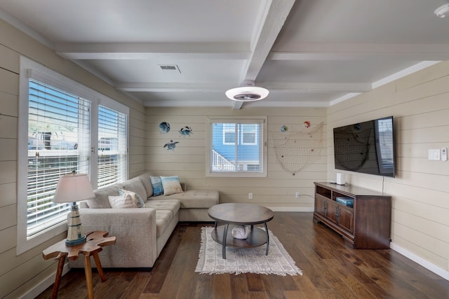 22819 Vida St, Galveston, TX 77554 - living room with wood walls, healthy amount of natural light, dark wood-style floors, and beam ceiling
