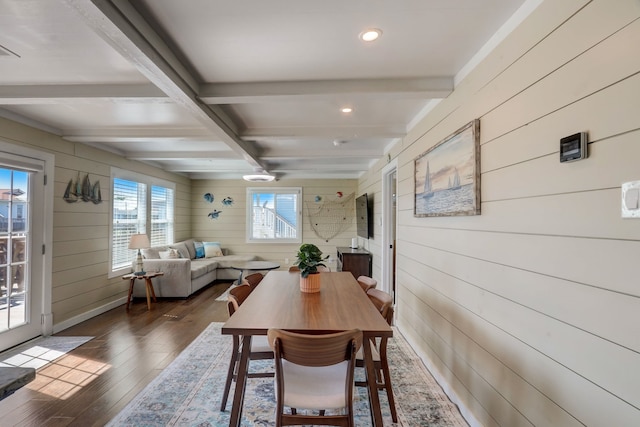 22819 Vida St, Galveston, TX 77554 - dining room featuring wooden walls, dark wood-type flooring, beamed ceiling, and recessed lighting