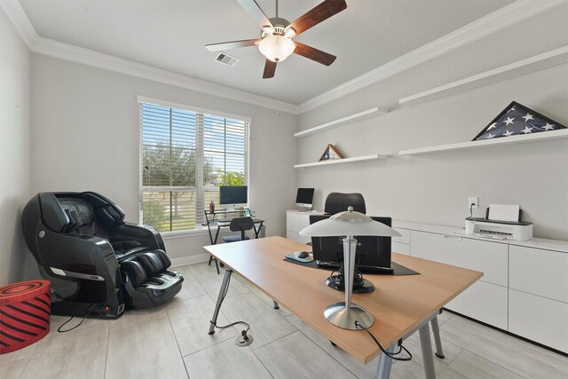 office with crown molding and ceiling fan