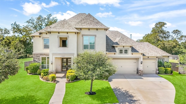 french country home with a front yard and a garage